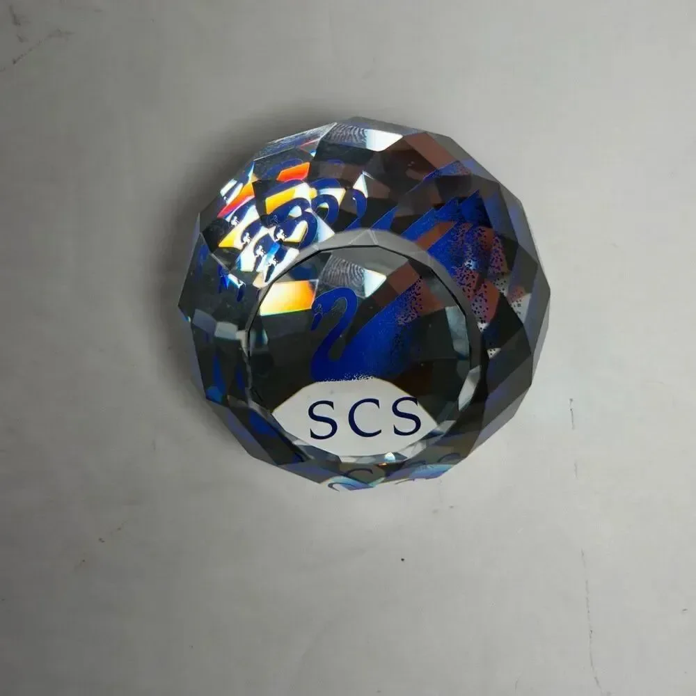 Swarovski SCS Crystal Paperweight Blue Swan Logo Faceted 2